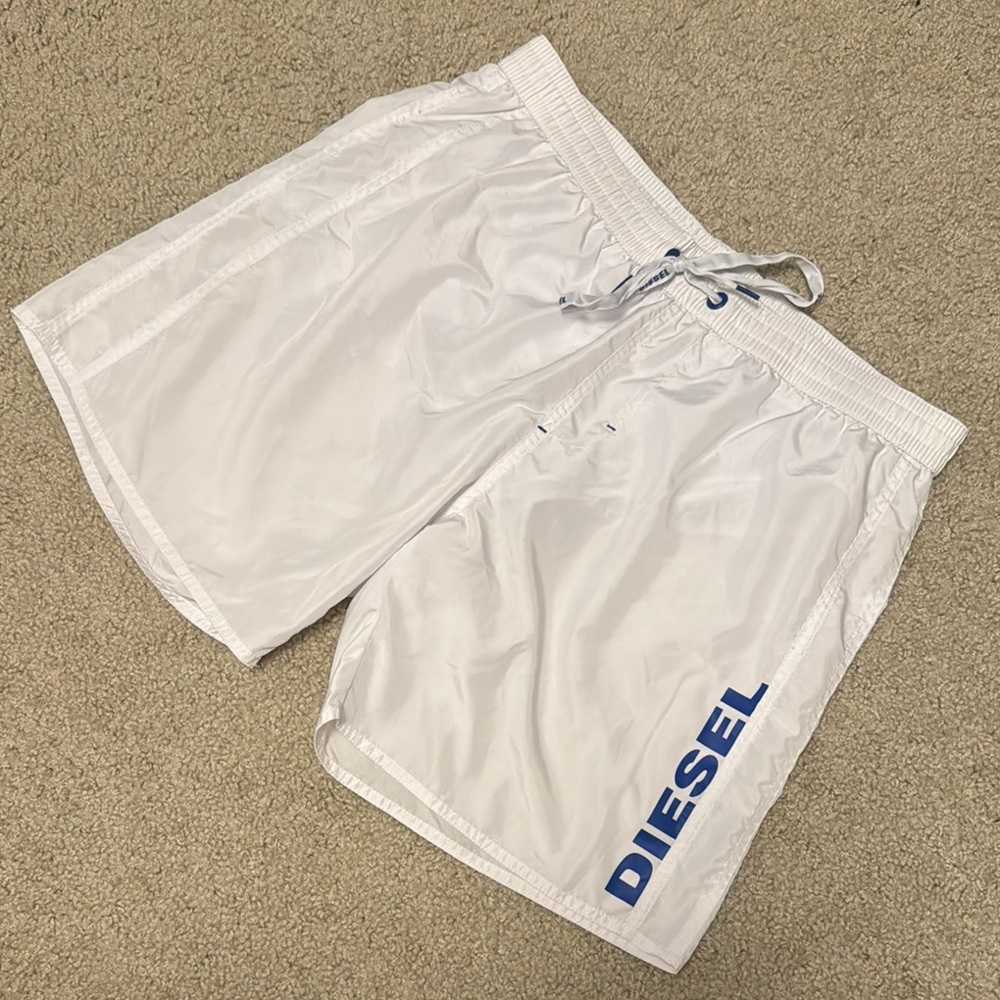 Diesel Blue and White Swim Trunks with Quick-Dry Fabric
